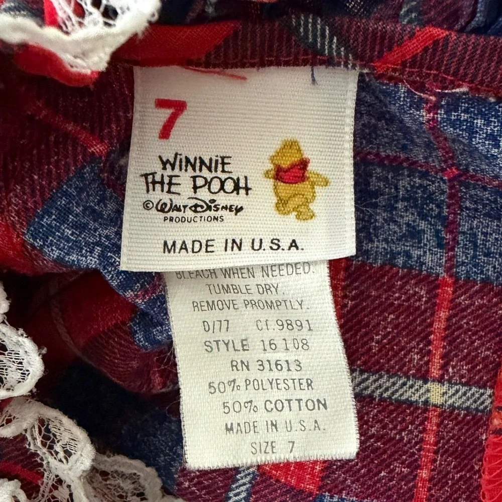 Winnie The Pooh Vintage Plaid Lace Ruffle Dress Kids 7 Red Victorian USA Tartan